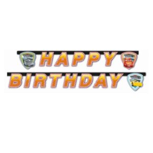 Banner Happy Birthday Cars duljine 200 cm s motivima trkaćih automobila. Papirnata dekoracija za dječji rođendan u temi auta i utrka.