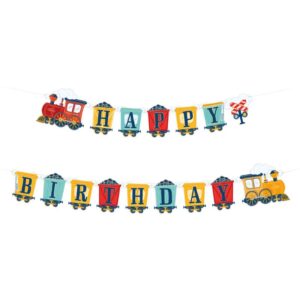 Banner Vlakić s natpisom Happy Birthday, dimenzija 240 x 19,5 cm. Sastoji se od 16 papirnatih elemenata i idealan je za rođendan u temi vlaka